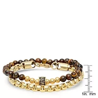 Men's set of 2 18k gold plated stainless steel rounded box chain bracelet and tiger eye beaded bracelet