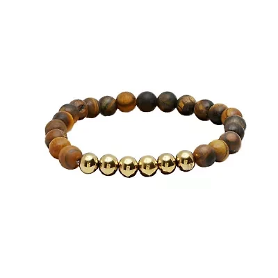 Men's set of 2 18k gold plated stainless steel tiger eye beaded and brown leather tiger eye beaded bracelets.