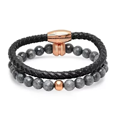 Men's set of 2 gray agate beaded bracelet with 18k rose gold plated accents and black leather braided bracelet with 18k rose gold plated stainless steel magnetic clasp