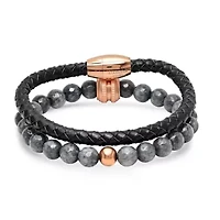Men's set of 2 gray agate beaded bracelet with 18k rose gold plated accents and black leather braided bracelet with 18k rose gold plated stainless steel magnetic clasp
