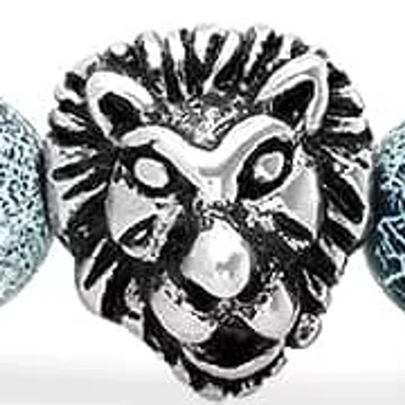 Men's gray agate and stainless steel lion head beaded bracelet