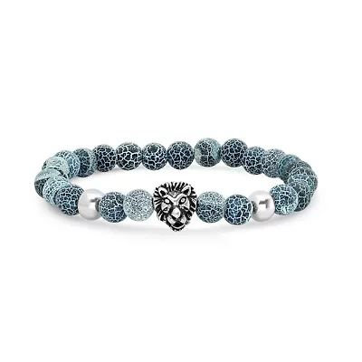 Men's gray agate and stainless steel lion head beaded bracelet