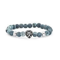 Men's gray agate and stainless steel lion head beaded bracelet