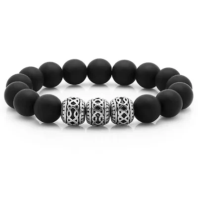 Men's black lava and stainless steel beaded stretch bracelet