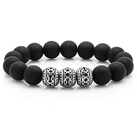 Men's black lava and stainless steel beaded stretch bracelet