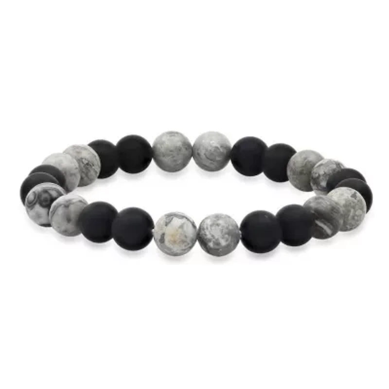 Men's black lava and gray agate beaded stretch bracelet