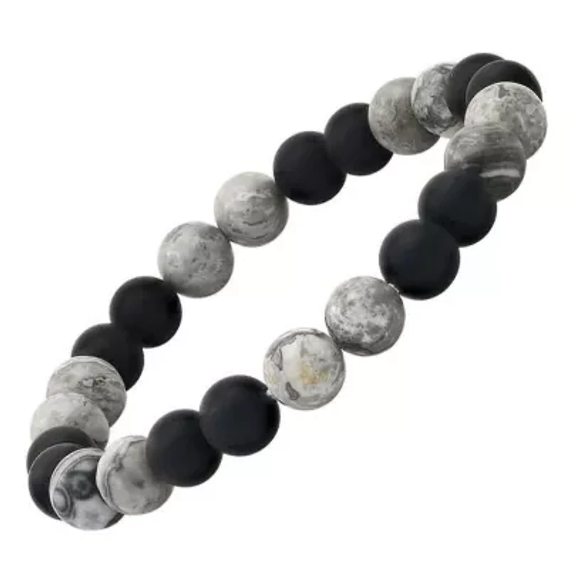 Men's black lava and gray agate beaded stretch bracelet
