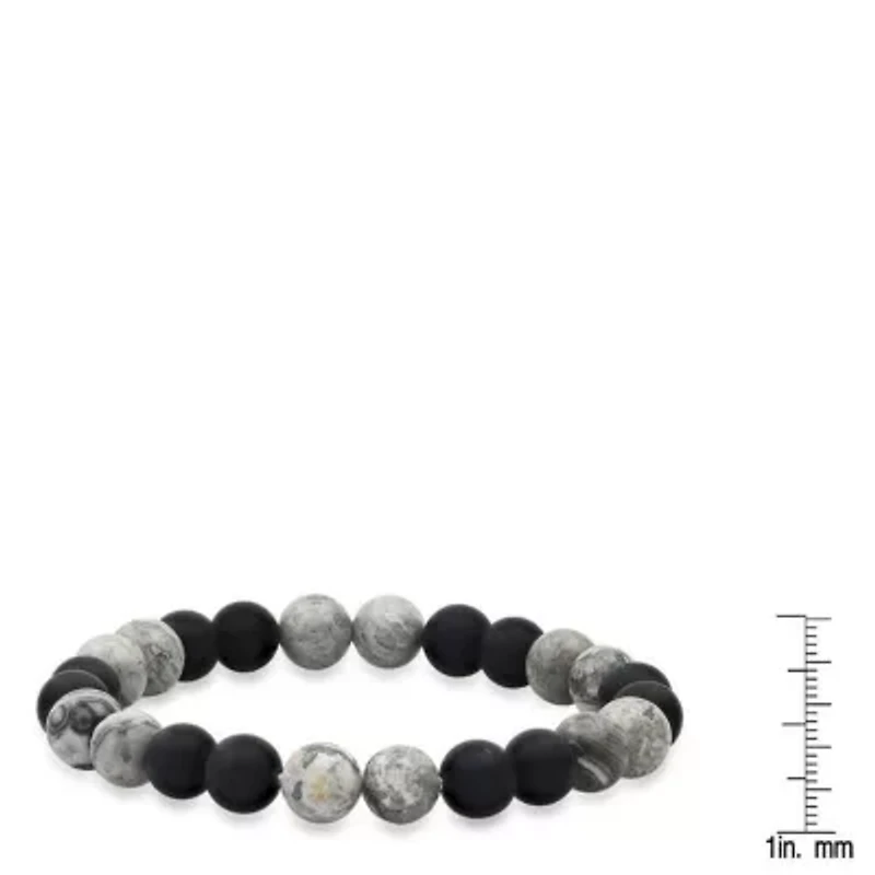 Men's black lava and gray agate beaded stretch bracelet