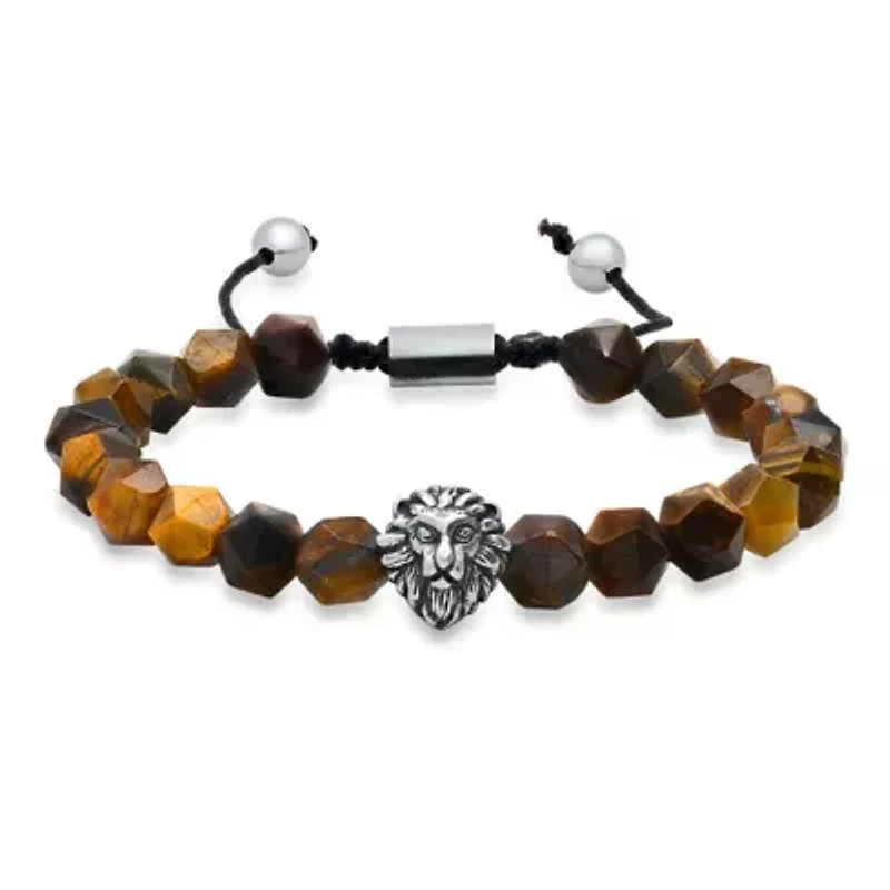 Men's genuine fancy cut tiger eye beads and stainless steel lion charm drawstring bracelet
