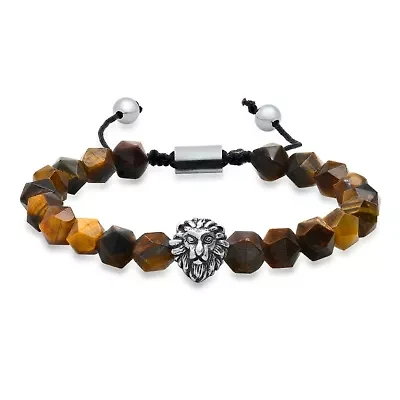 Men's genuine fancy cut tiger eye beads and stainless steel lion charm drawstring bracelet
