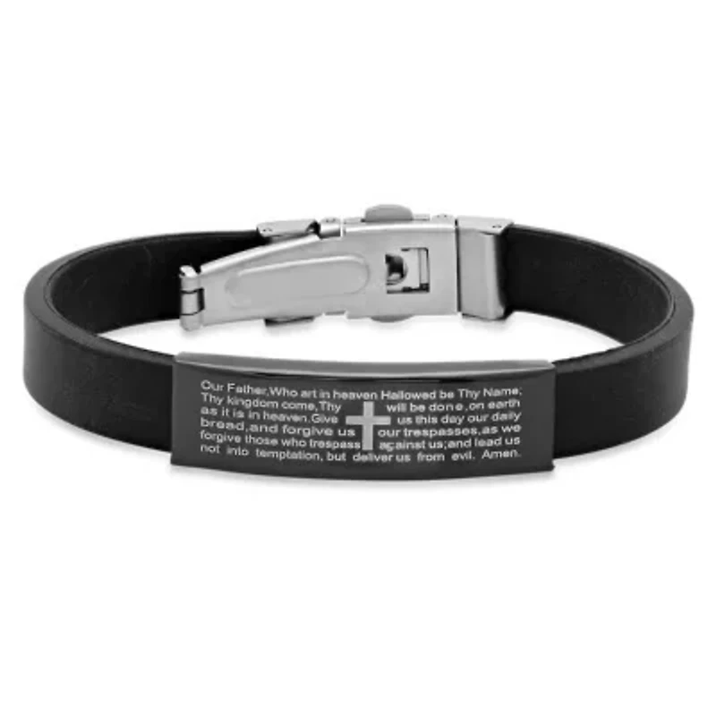 Men's black rubber bracelet with stainless steel black ip lord's prayer accent
