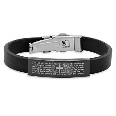 Men's black rubber bracelet with stainless steel black ip lord's prayer accent