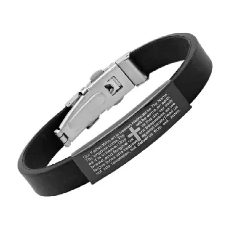 Men's black rubber bracelet with stainless steel black ip lord's prayer accent