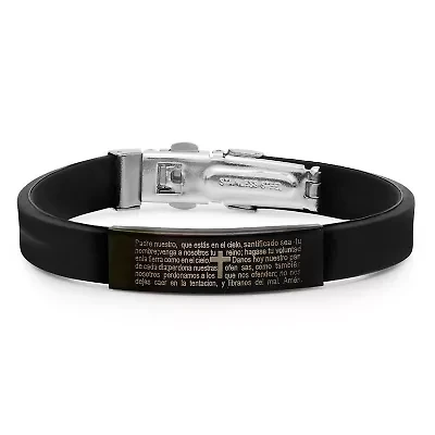 Men's black rubber bracelet with stainless steel black ip padre nuestro prayer accent