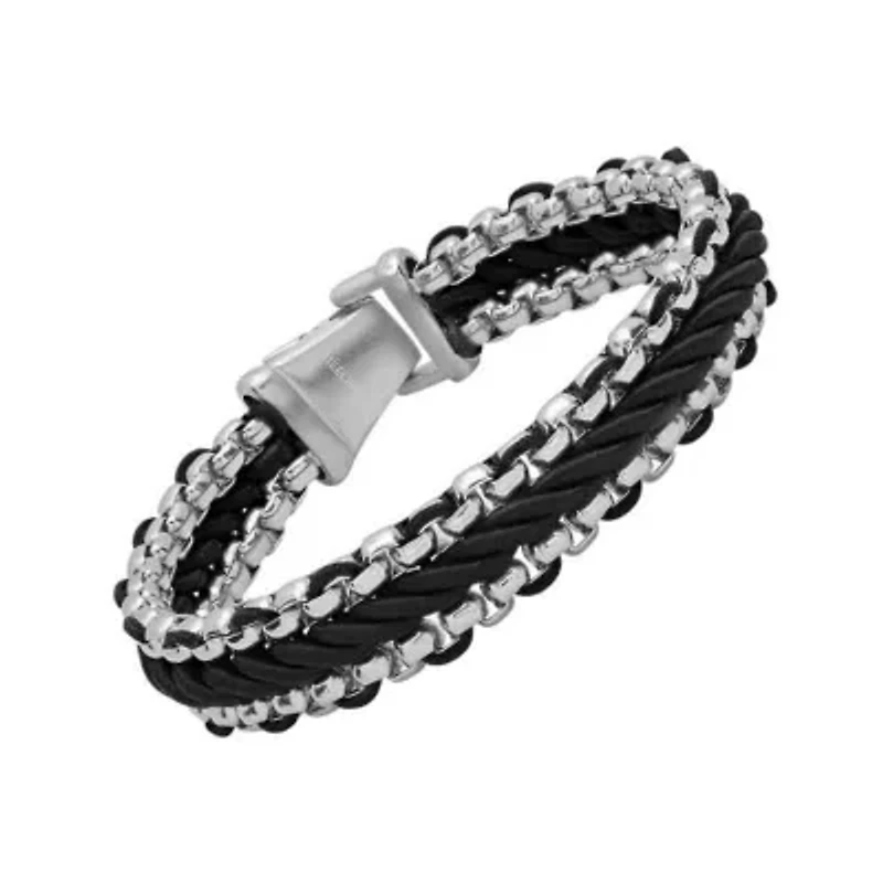Men's stainless steel and black cord twist bracelet