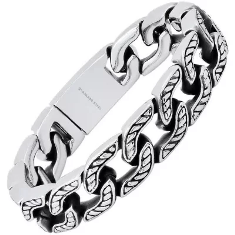 Men's heavy oxydized stainless steel accented cuban link chain bracelet