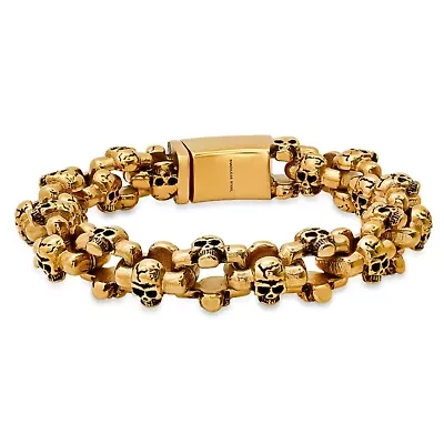 Men's 18k gold plated stainless steel skull links bracelet
