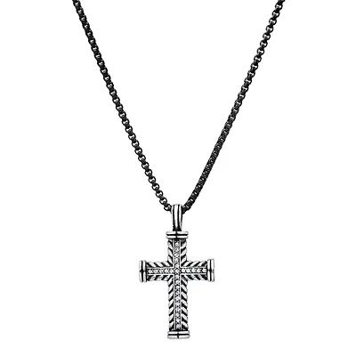 Lab Created Men's two tone stainless steel braided cross pendant with simulated diamonds