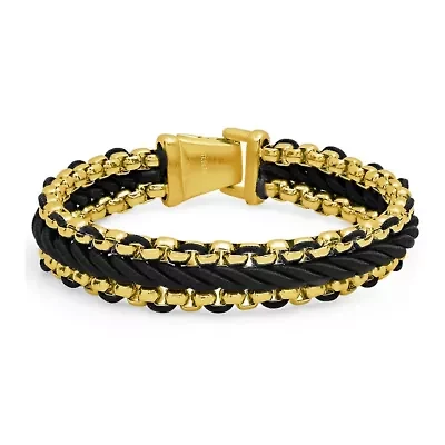 Men's 18k gold plated stainless steel double box chain and black nylon twisted cord bracelet