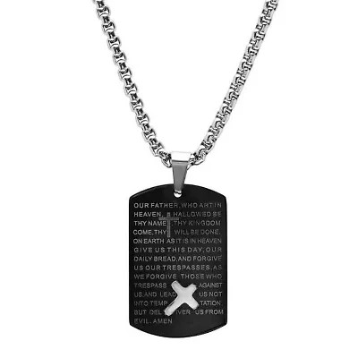 Black IP stainless steel Our Father prayer dog tag pendant