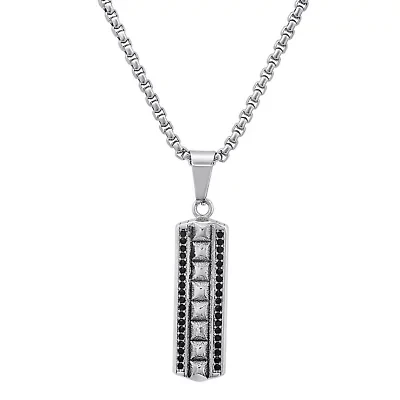 Lab Created Men's stainless steel and simulated black diamonds long bar studded pendant