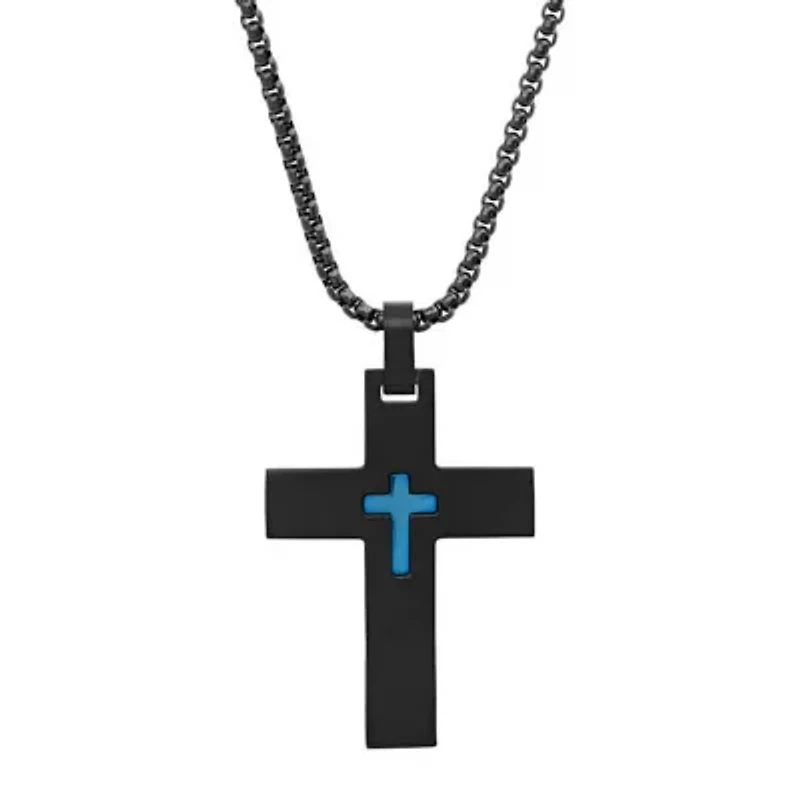 Men's black and blue ip stainless steel cross pendant