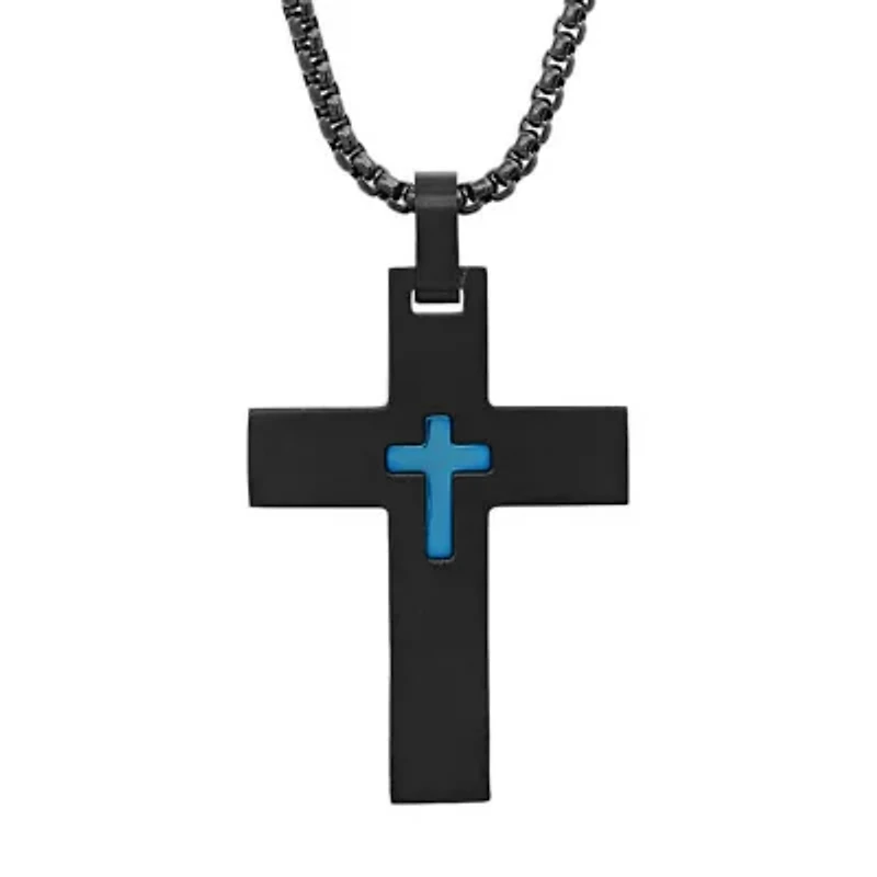 Men's black and blue ip stainless steel cross pendant