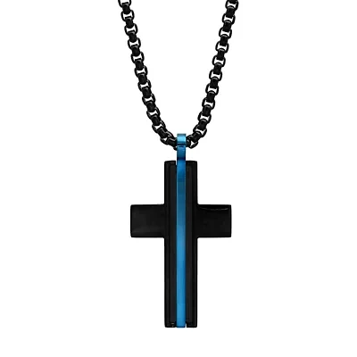 Men's two tone black & blue ip stainless steel cross pendant