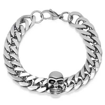Men's stainless steel thick cuban link chain bracelet with skull charm