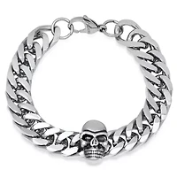 Men's stainless steel thick cuban link chain bracelet with skull charm