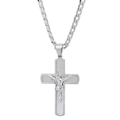 Men's stainless steel crucifix pendant on flat curb chain