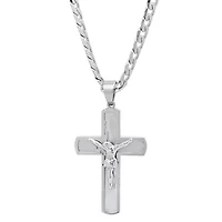 Men's stainless steel crucifix pendant on flat curb chain