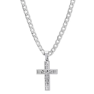 Men's stainless steel mini crucifix pendant with flat curb chain