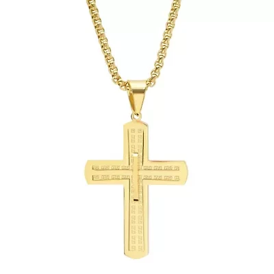 18k gold plated stainless steel Greek key inlay cross pendant