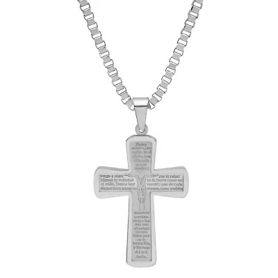 Men's stainless steel padre nuestro prayer crucifix pendant