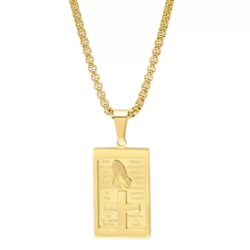 Men's 18k gold plated stainless steel rounded box chain necklace with Serenity prayer plate and prayer hands pendant