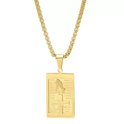 Men's 18k gold plated stainless steel rounded box chain necklace with Serenity prayer plate and prayer hands pendant