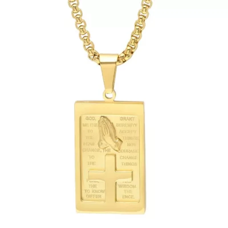 Men's 18k gold plated stainless steel rounded box chain necklace with Serenity prayer plate and prayer hands pendant