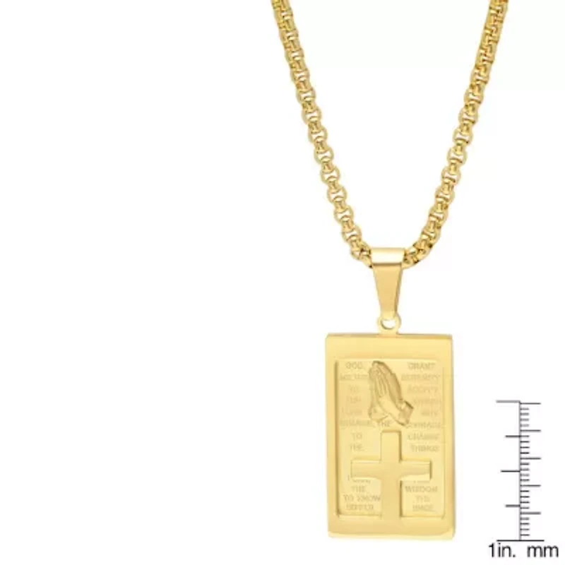 Men's 18k gold plated stainless steel rounded box chain necklace with Serenity prayer plate and prayer hands pendant