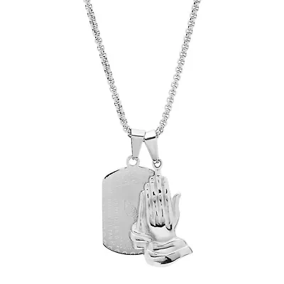 Men's stainless steel prayer hands and serenity prayer dog tag pendant necklaces