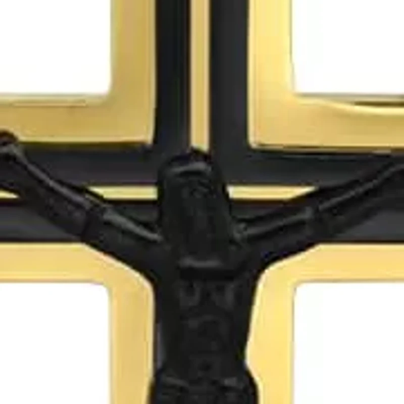 Men's two tone black ip & 18k gold plated stainless steel crucifix and round St. Benedict pendant