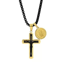 Men's two tone black ip & 18k gold plated stainless steel crucifix and round St. Benedict pendant