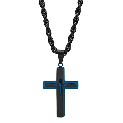 Men's two tone black and blue ip stainless steel double cross pendant with figaro chain