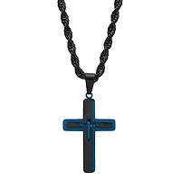 Men's two tone black and blue ip stainless steel double cross pendant with figaro chain