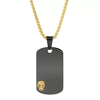 Men's two tone black ip and 18k gold plated stainless steel dog tag and skull pendant