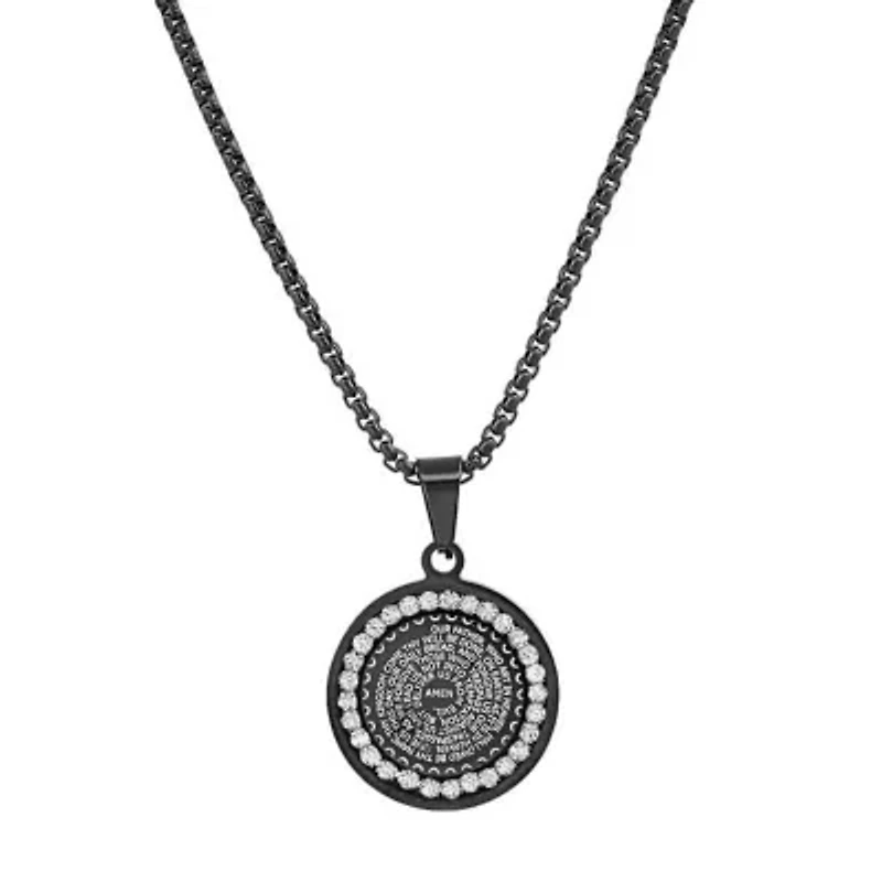 Men's black ip stainless steel and simulated diamonds "Our Father" prayer round pendant