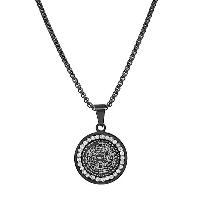 Men's black ip stainless steel and simulated diamonds "Our Father" prayer round pendant