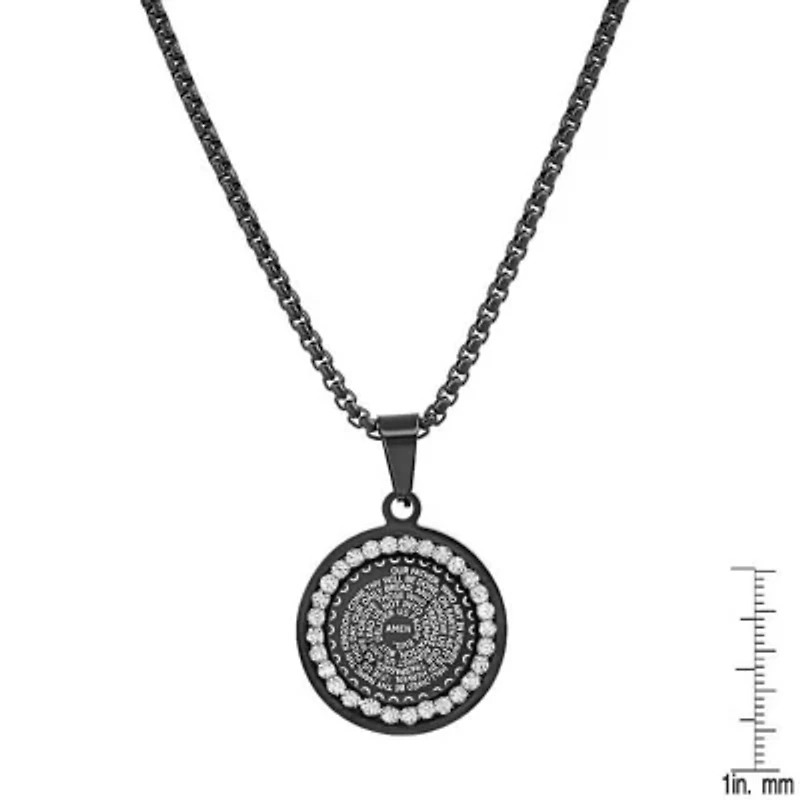 Men's black ip stainless steel and simulated diamonds "Our Father" prayer round pendant