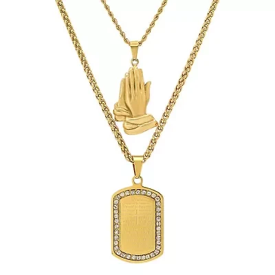 Men's 18k gold plated stsainless steel double layered franco/rope chain with prayer hands & Our Father prayer dog tag pendant with simulated diamonds
