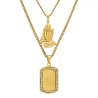 Men's 18k gold plated stsainless steel double layered franco/rope chain with prayer hands & Our Father prayer dog tag pendant with simulated diamonds